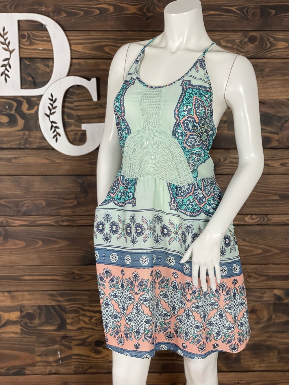 Roxy | Dance to the‎ Beat Mint & Peach Crochet-Front Halter Mini Dress Paisley